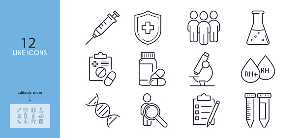 Clinical study, trials line icon set. Comparison group, test person,syringe, pills, microscope,test tubes, dna, test, prescription, Rh factor, blood vector illustration. Outline sing. Editable Stroke.