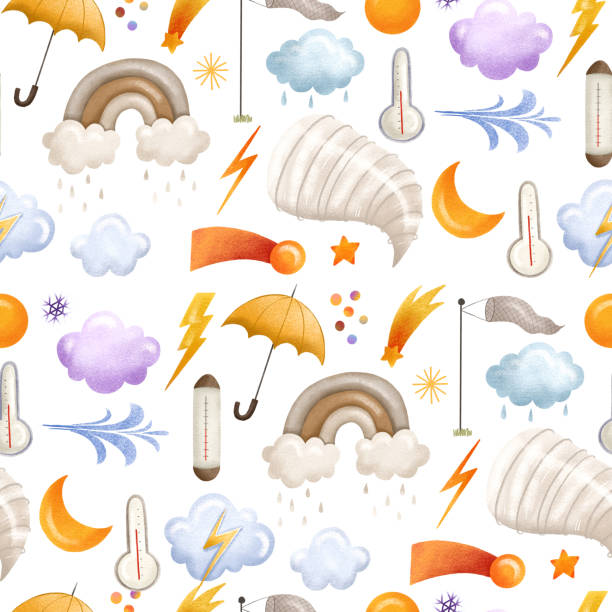 endloses muster bei regenwetter, textilgewebe oder geschenkpapier. dekorativer doodle-hintergrund. wettervorhersage. satz von elementen zur bestimmung von wetter- und himmelselementen. handgezeichnete illustration. - seamless pattern meteorology snowflake stock-grafiken, -clipart, -cartoons und -symbole