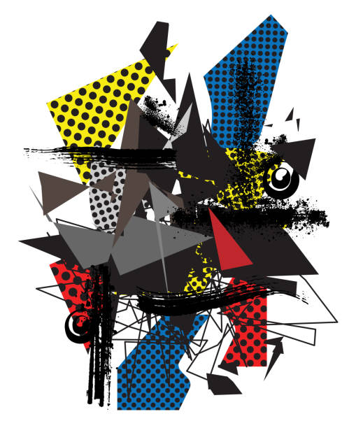 Abstrakte Collagenkunst mit geometrischen Freestyle-Formscherben, Tupfenmustern, Grunge-Graffiti-Sprühfarbpartikeln, polygonalen Linien, Tintenflecken, Flecken und Pinselstrichen – Vektorgrafik