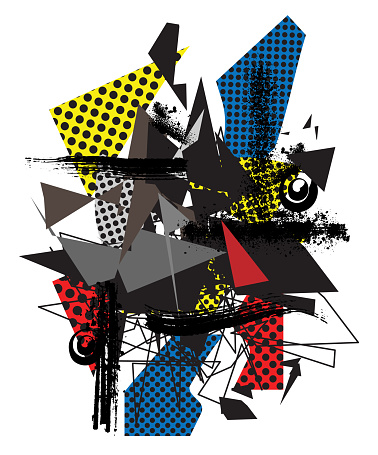 Abstract collage art with freestyle geometric shapes shards, polka dots pattern, grunge graffiti spray paint particles, polygonal lines, ink smudges, stain, and paintbrush strokes