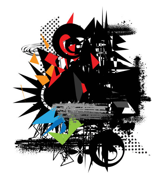 istock Abstract grunge art with graffiti spray paint particles, geometric shards, ink stain, smudges, paintbrush strokes, swirl shape, polka dots 1909509893