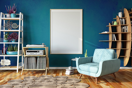 Empty Mock up Picture Frame on Cozy Blue Room's Wall. 3D Render
