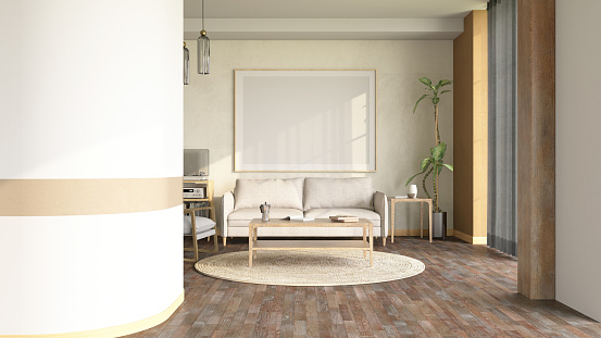 Scandinavian Style Beige Living Room with Furniture and Empty Picture Frame. 3D Render