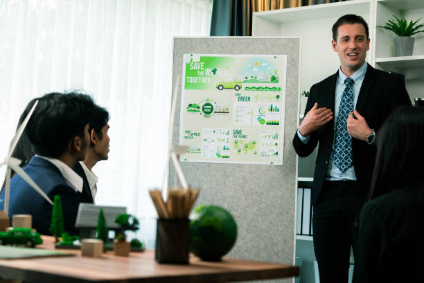 istock Businessman leader give presentation on eco-friendly implementation. Quaint 1909541235