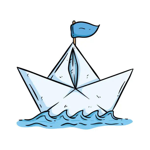 Vector illustration of doodle paper boat on the water