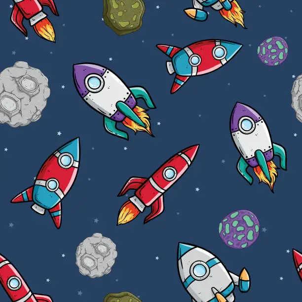 Vector illustration of cute space ship and asteroid pattern on space background