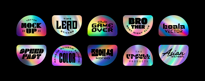 Holographic sticker set. Holography labels mockup and realistic holo textures. Shine badges of triangular shapes.