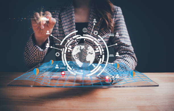 istock Businesswoman holding circle global network connection. Customer network technology. Customer service, Social, Digital marketing online, Customer Relationship Management, Data exchanges development. 1909556437
