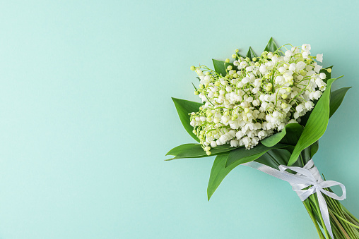 Lily of the valley flowers bouquet on pastel blue background. Womens day, Valentines day card. Top view with copy space. Flat lay.