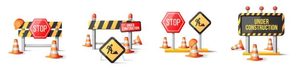 Vector illustration of Traffic cones and under construction warning sign.