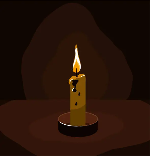 Vector illustration of Burning candle in the dark against the wall, standing on the table. Flame of a candle burning in the dark. Vector illustration. Sorrow, tragedy concept background