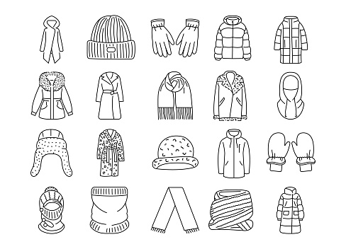 Outerwear flat handrawn elements. Vector isolated signs. Digital illustration for web page, mobile app, promo.