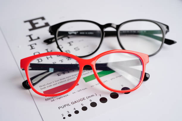 istock Glasses on eye exam chart to test eyesight accuracy of reading. 1909601049
