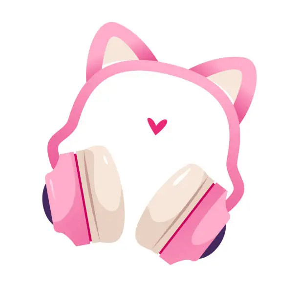 Vector illustration of Cute headphones with cat ears. Glamorous pink earphone. Vector illustration