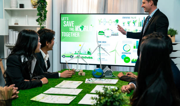 istock Businessman leader give presentation on eco-friendly implementation. Quaint 1909616733