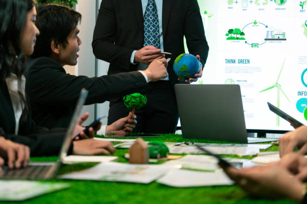 Businessman leader give presentation on eco-friendly implementation. Quaint