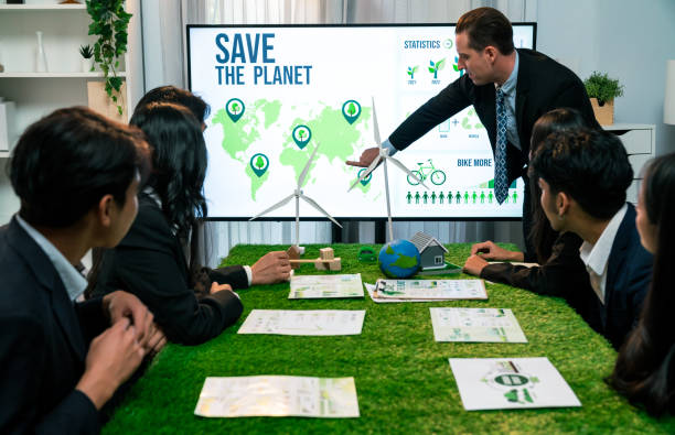istock Businessman leader give presentation on eco-friendly implementation. Quaint 1909626207