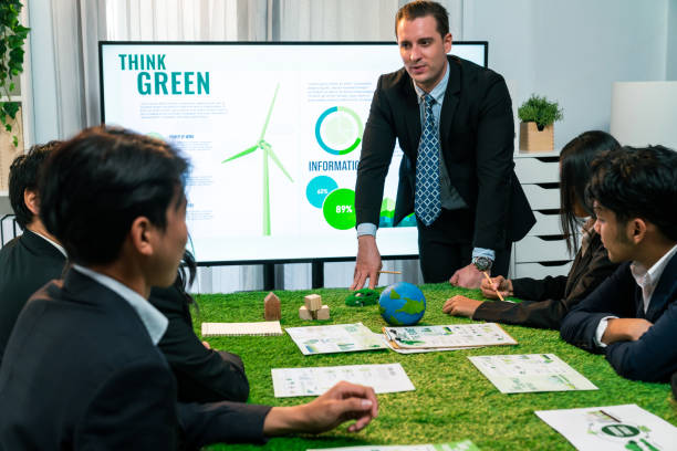 istock Businessman leader give presentation on eco-friendly implementation. Quaint 1909628293