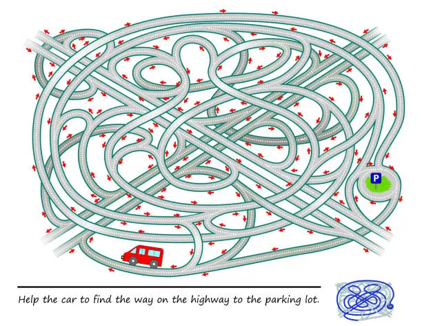 Vector illustration of Logic puzzle game with labyrinth for children and adults. Help the car to find the way on the highway to the parking lot. Printable worksheet for brainteaser book. Developing skills for counting.