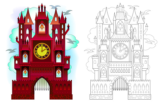 Colorful and black and white pattern of medieval Swiss castle with towers, bells and clocks. Printable worksheet for coloring book for children and adults. Vector cartoon image.