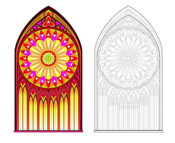 красочный и черно-белый узор готического витража с красивой розой. рабочий лист для распечатки. средневековый архитектурный стиль в западн - rose window window church cathedral stock illustrations