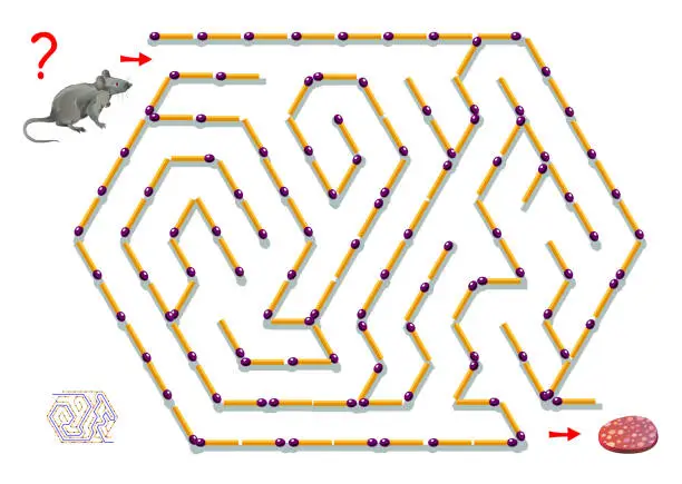 Vector illustration of Logic puzzle game with labyrinth for children. Help the rat find way between matchsticks till sausage. Scientific experiment of spatial thinking in mice. Printable worksheet for brainteaser book.