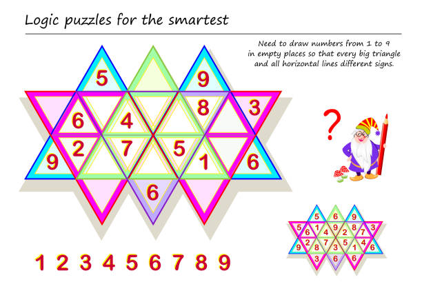 Logic puzzle Sudoku game for smartest. Need to draw numbers from 1 to 9 in empty places so that every big triangle and all horizontal lines different signs. Printable page for brainteaser book. Logic puzzle Sudoku game for smartest. Need to draw numbers from 1 to 9 in empty places so that every big triangle and all horizontal lines different signs. Printable page for brainteaser book. sudoku variants stock illustrations