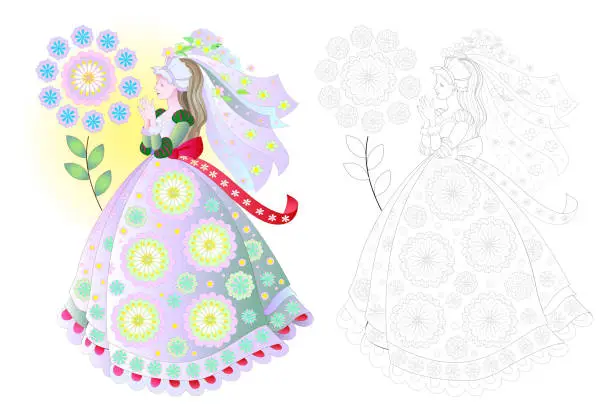 Vector illustration of Fantasy drawing of beautiful girl in elegant wedding dress. Colorful and black and white page for coloring book. Greeting card for marriage ceremony. Worksheet for children and adults. Vector cartoon image.