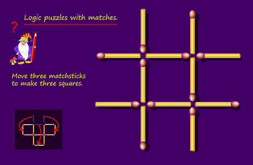 Logical puzzle game with matches. Need to move three matchsticks to make three squares. Printable page for brainteaser book. Developing spatial thinking. Vector image.