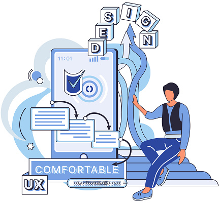 User experience design. Vector illustration. User interface, stage on which software interacts with its users UX UI design, keystone of any successful software journey User experience design, strategy