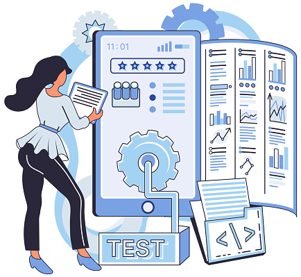Application testing metaphor. Vector illustration. Software testing, sweep that keeps software environment clefrom bugs Application testing, softwares final exam before its deemed fit for use