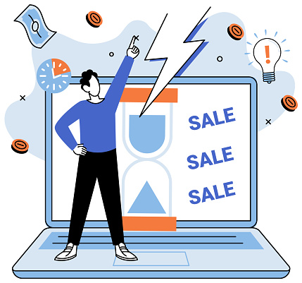 Promotion discount sale. Vector illustration. Forecast of future sales, magic carpet ride into realm of potential profits Flash sale online, firework display in world of online commerce Sales index