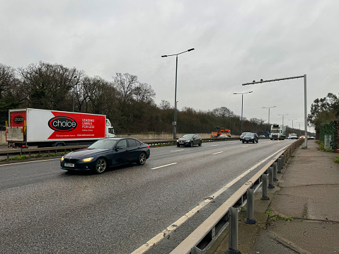 Cars and lorries on the busy North Circular Road in London. January 2024