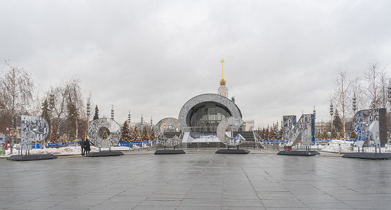 Moscow, Russia, December 25, 2023. International exhibition and forum Russia at VDNKh. The inscription Russia in front of the pavilion Achievements of Russia.