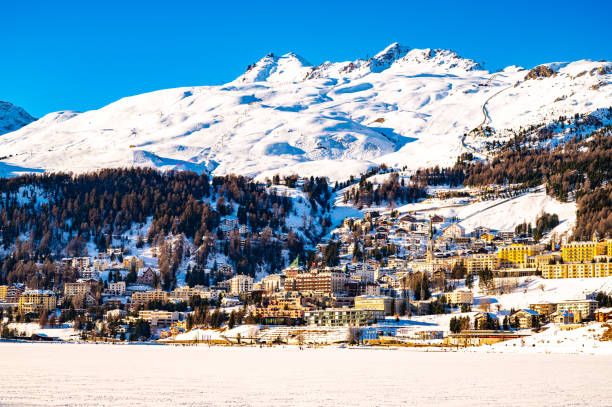 the town of st moritz, engadin, switzerland - engadine built structure house mountain stock-fotos und bilder