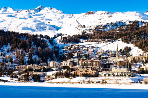 the town of st moritz, engadin, switzerland - engadine built structure house mountain stock-fotos und bilder