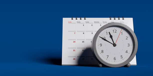istock Copy space background with desk alarm clock and calendar, 3d rendering 1909687626