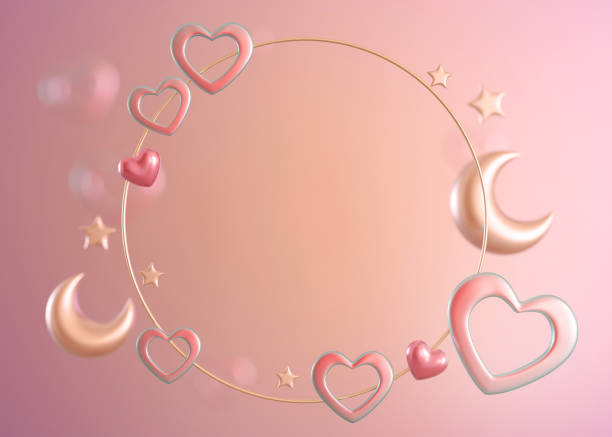istock Y2K style 3D render with pink-gold gradient, featuring hearts, moons, and stars on blush backdrop with space for text. Valentine's Day, Woman's, Mothers Day backdrop. Postcard, greeting card design. 1909689194