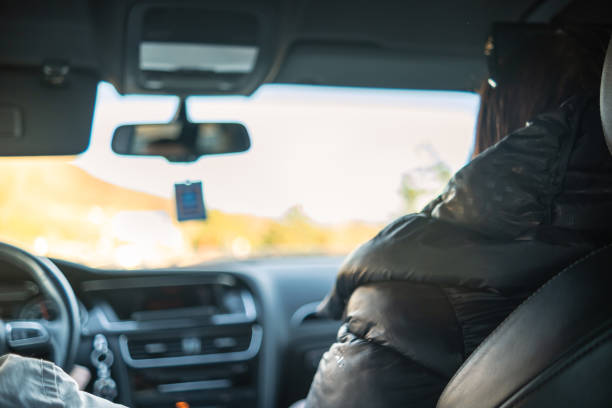 One young woman commuting from work with her boyfriend
