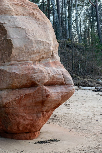 natural landscape with sandstone cliffs, bare ice, sand and ice formations, Veczemju cliffs, Latvia