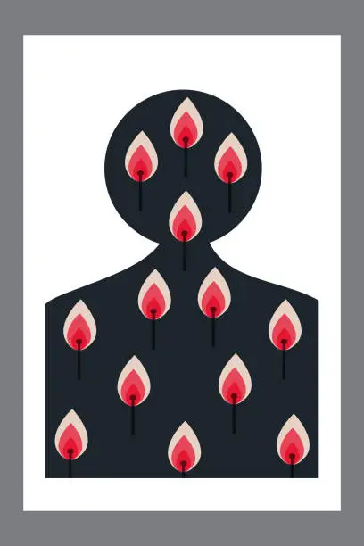 Vector illustration of Art poster. Black silhouette of human body with flames. Framed vector illustration