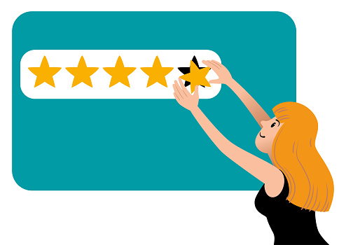 Vector Illustration of a Cute Young Girl Putting Five Star Rating on a Board with Copy Space for your Brand or Message.