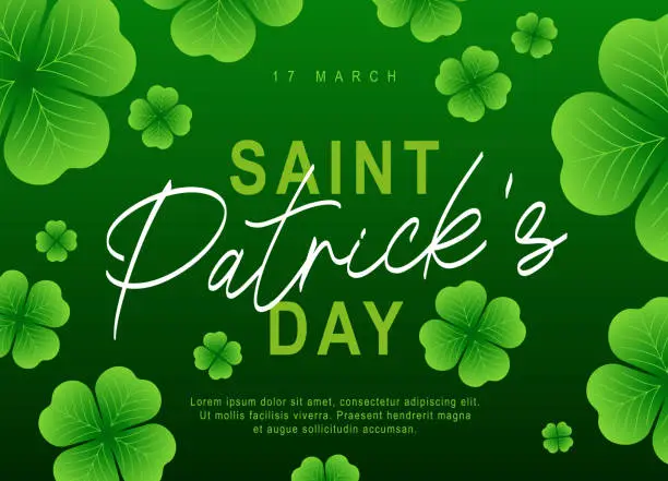 Vector illustration of Stylish lettering - St. Patrick's Day. Green quatrefoils on the background. Elements for the design of a greeting banner for March 17th