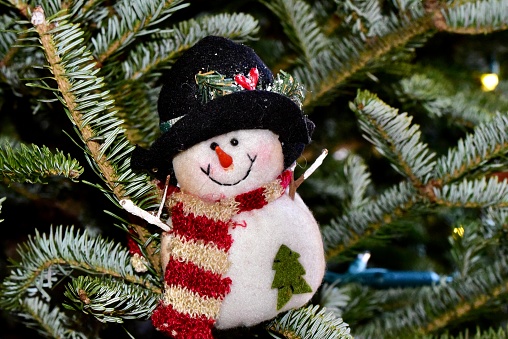 A Jolly snowman ornament in a striped scarf and black felt hat.