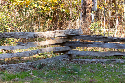 A colonial style split rail fence at Guilfords Courthouse National Park