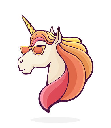 Cool fairytale unicorn in sunglasses. Magic horse. Vector illustration. Hand drawn cartoon clip art with outline. Isolated on white background