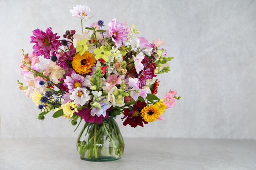 Beautiful Bouquet of pink Gerbera Daisies and purple and white wild flowers in clear glass vase Isolated on white background