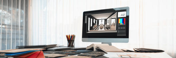 istock Modern interior design office with laptop and colorful board materials. Insight 1909758013