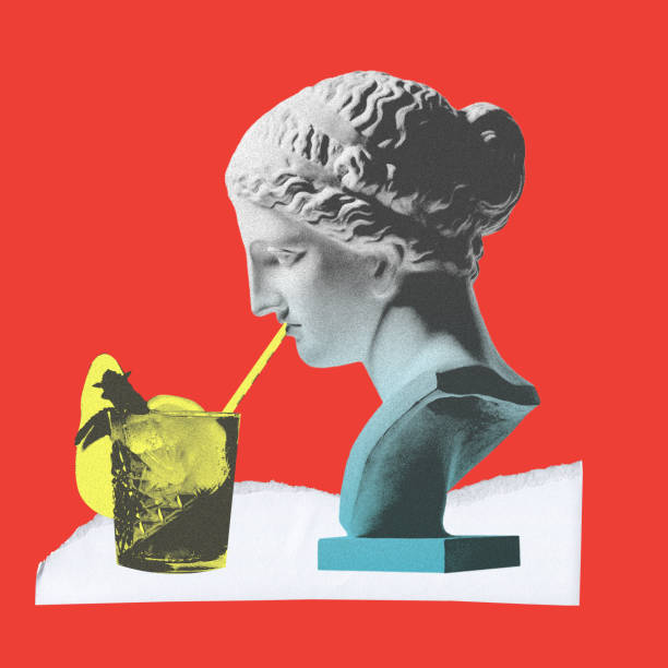 istock Antique statue bust sipping mojito cocktail over red background. Refreshment. Contemporary art collage. 1909779083