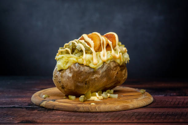 Savory food oven baked potato with vegetables